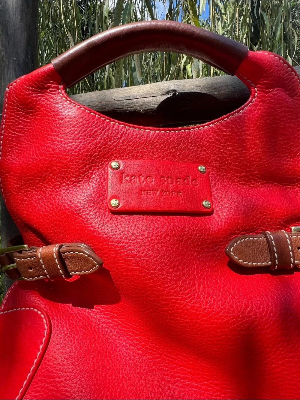 Vintage kate spade Bright Red Pebbled Leather Shoulder Bag with Brown Accents